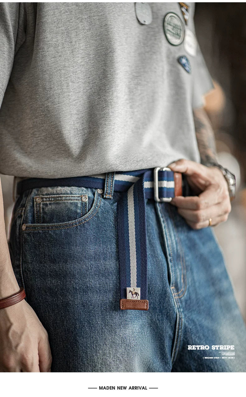 Maden No-Punch Elastic Braided Double Loop Buckle Striped Belt