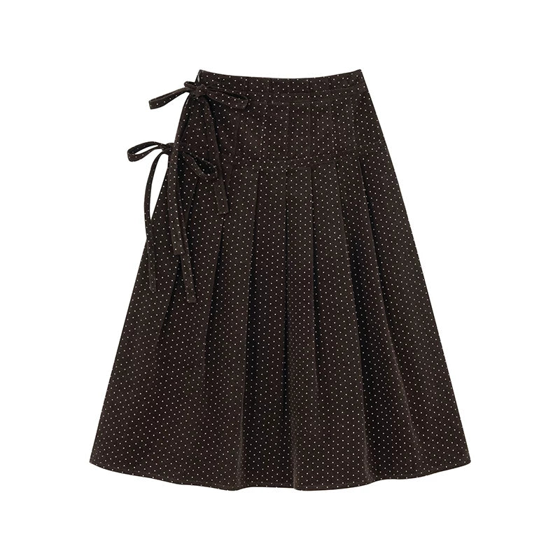 Kano Tie-up Pleated Polka Dot Corduroy Skirt