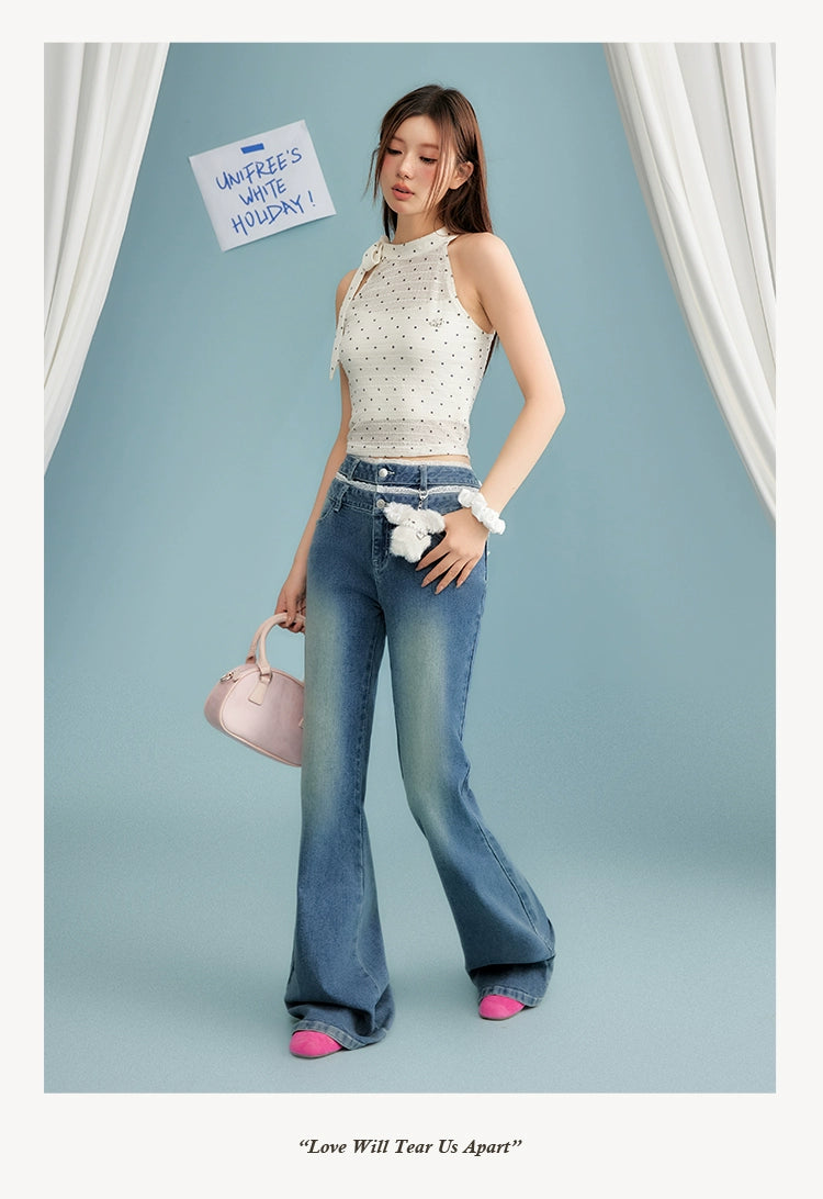 UNIFREE Double Waist Lace Stitching Slim Fit Jeans