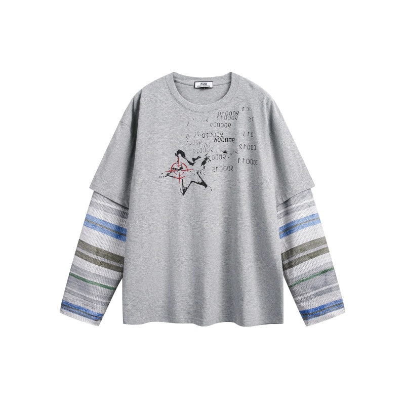 BTSG fake two-piece striped splicing long-sleeved Tee