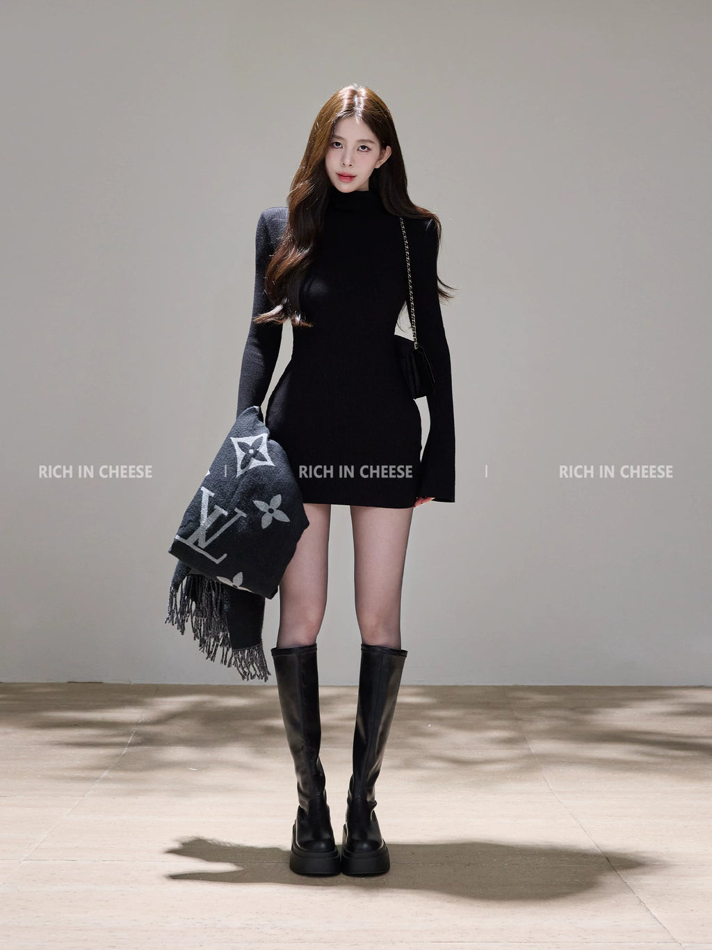 RICH IN CHEESE Waist Slim Knitted Long-sleeved Dress