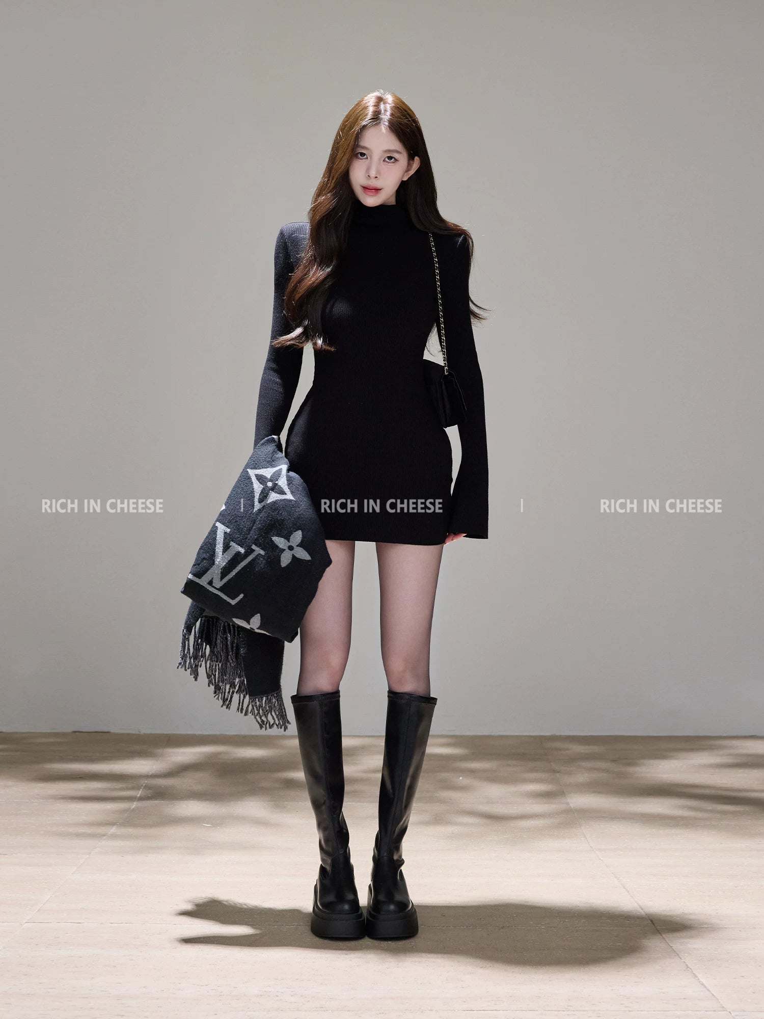 RICH IN CHEESE Waist Slim Knitted Long-sleeved Dress
