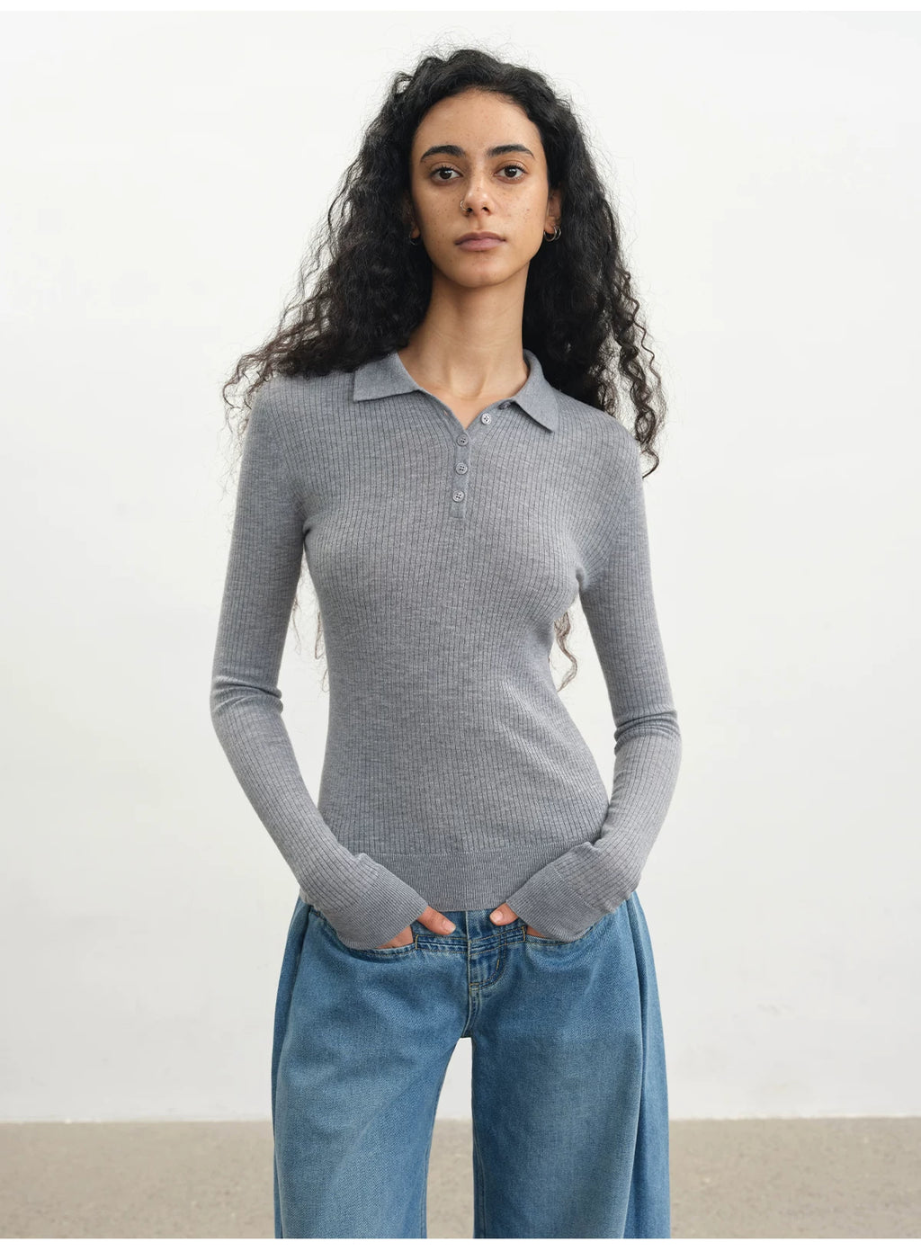 JCAESAR POLO Collar Pit Strip Knitted Bottom Long Sleeve