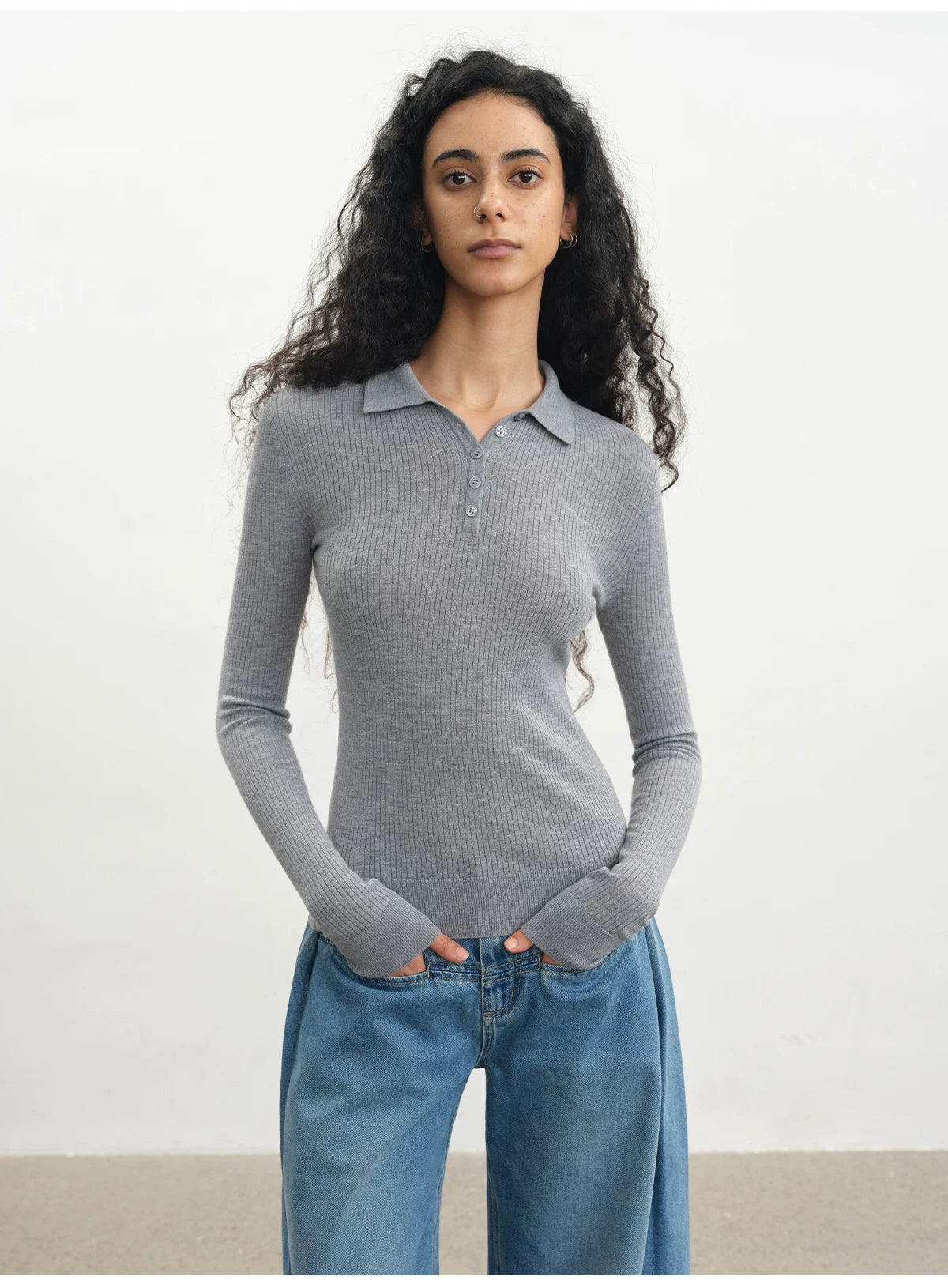JCAESAR POLO Collar Pit Strip Knitted Bottom Long Sleeve