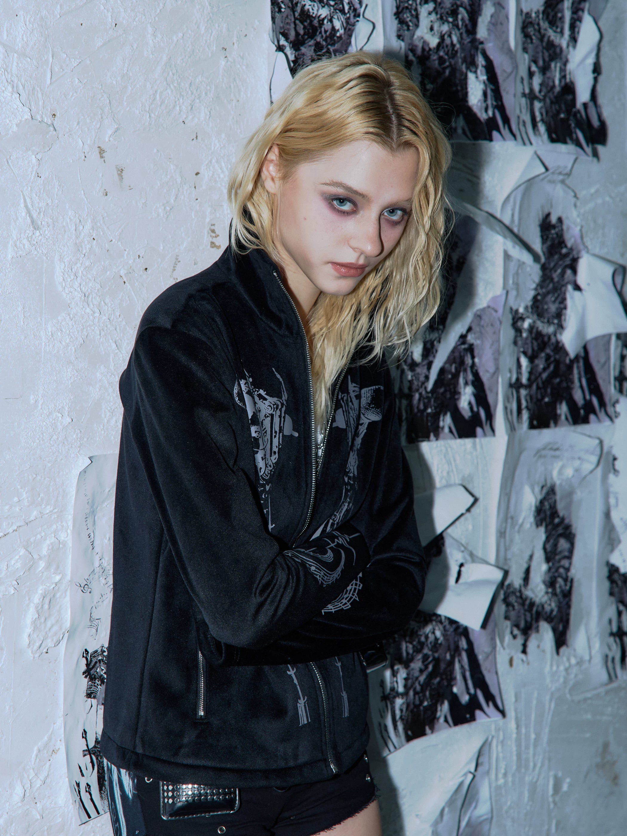 PAIKI Skull Singer Music Notes Stand-up Collar Velvet Jacket