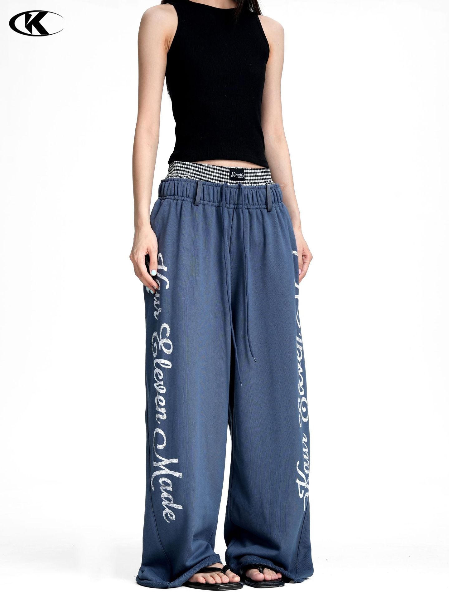 11KN Vintage Alphabet Print Casual Wide Leg Pants