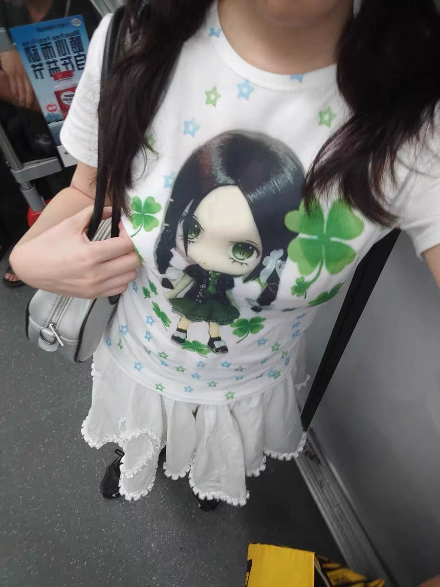 WEBBAR Clover Doll Pure Cotton Front Shoulder Tee