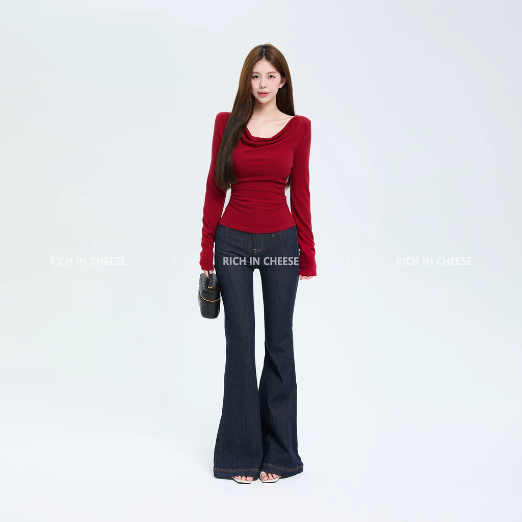 RICH IN CHEESE Swing Neck Knitted Waist Pleated Long Sleeves