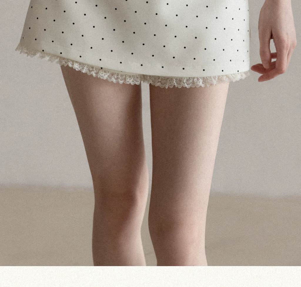 Cantonstory V-neck Slim-fit Knit Tee High-waisted Polka Dot Lace Midi Skirt Set