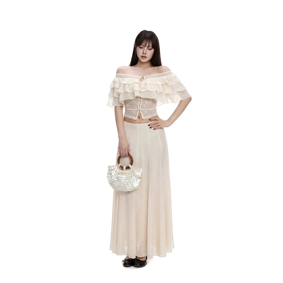 WITHMIN Lace Splicing Slim-fit Short Tee