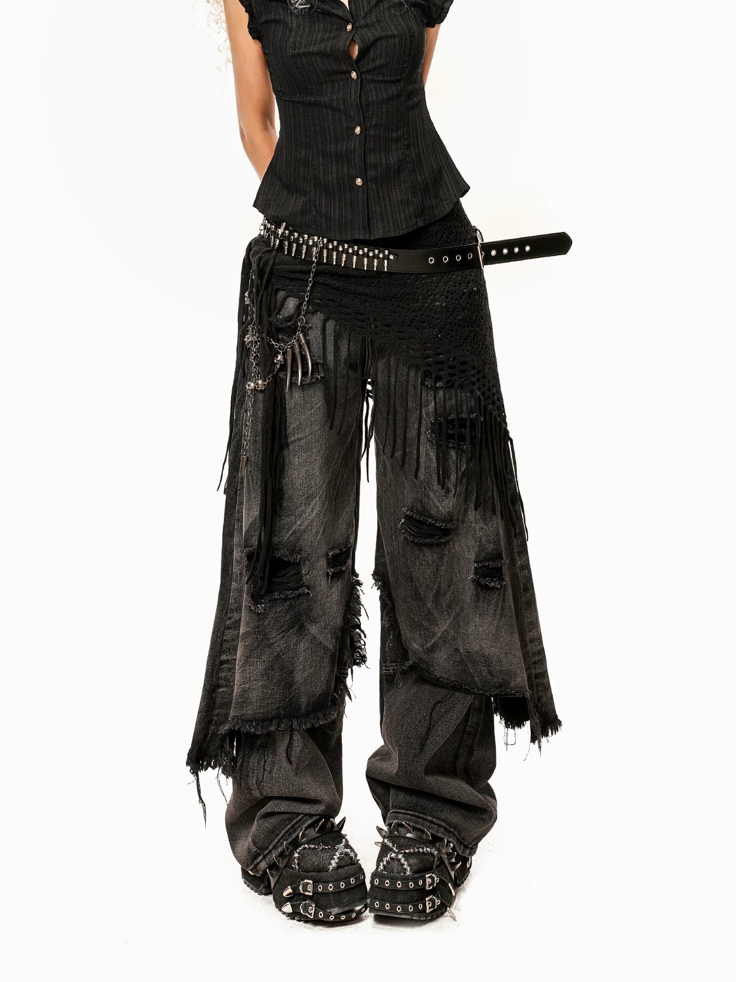 Arielink Wide Leg Old Ripped Jeans