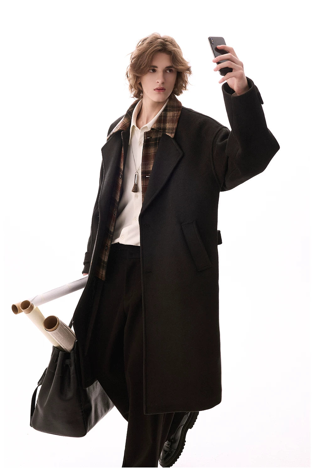 CHOR Casual Plaid Stitching Fake Two-piece Woolen Jacket