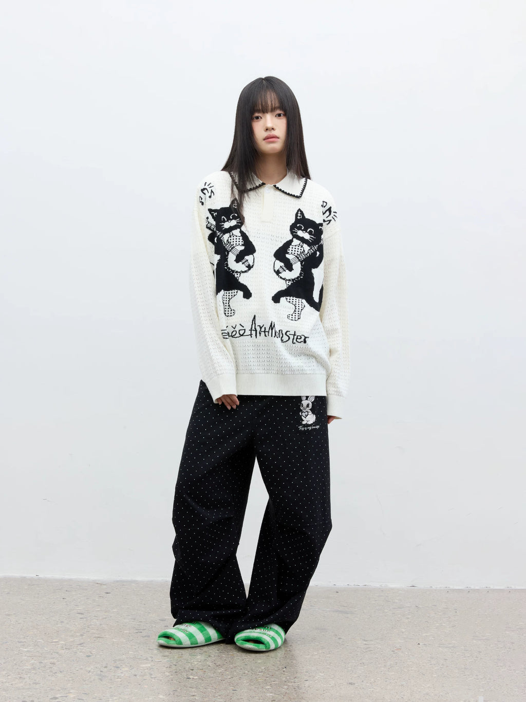 eeeeArtmonster Cat Jacquard Knitted Hollow Long Sleeve Blouse