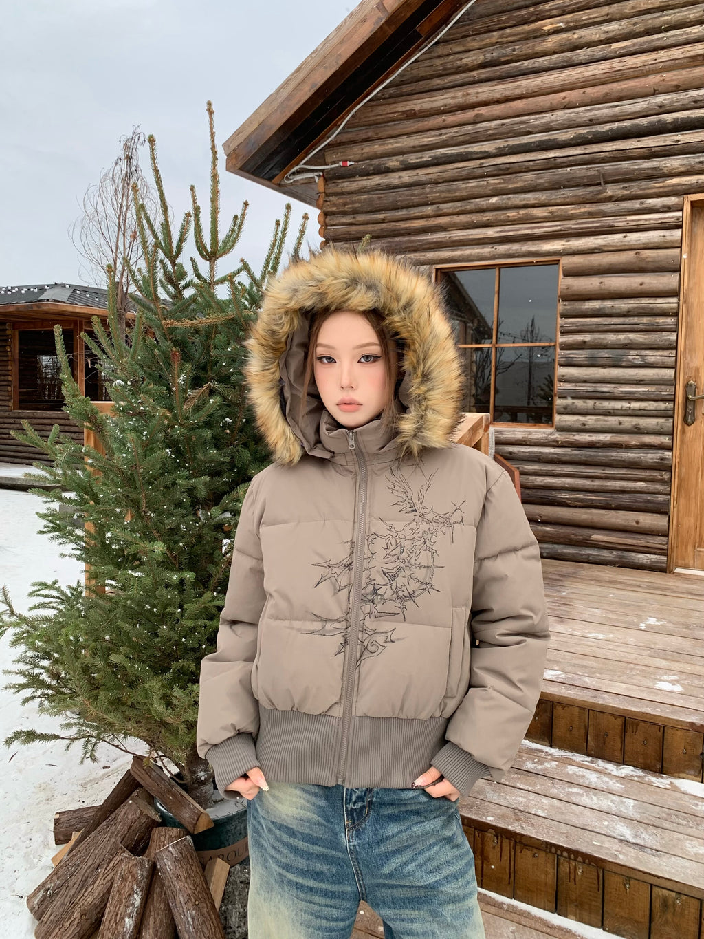 BANGU Hooded Short Fur Collar Cotton Jacket