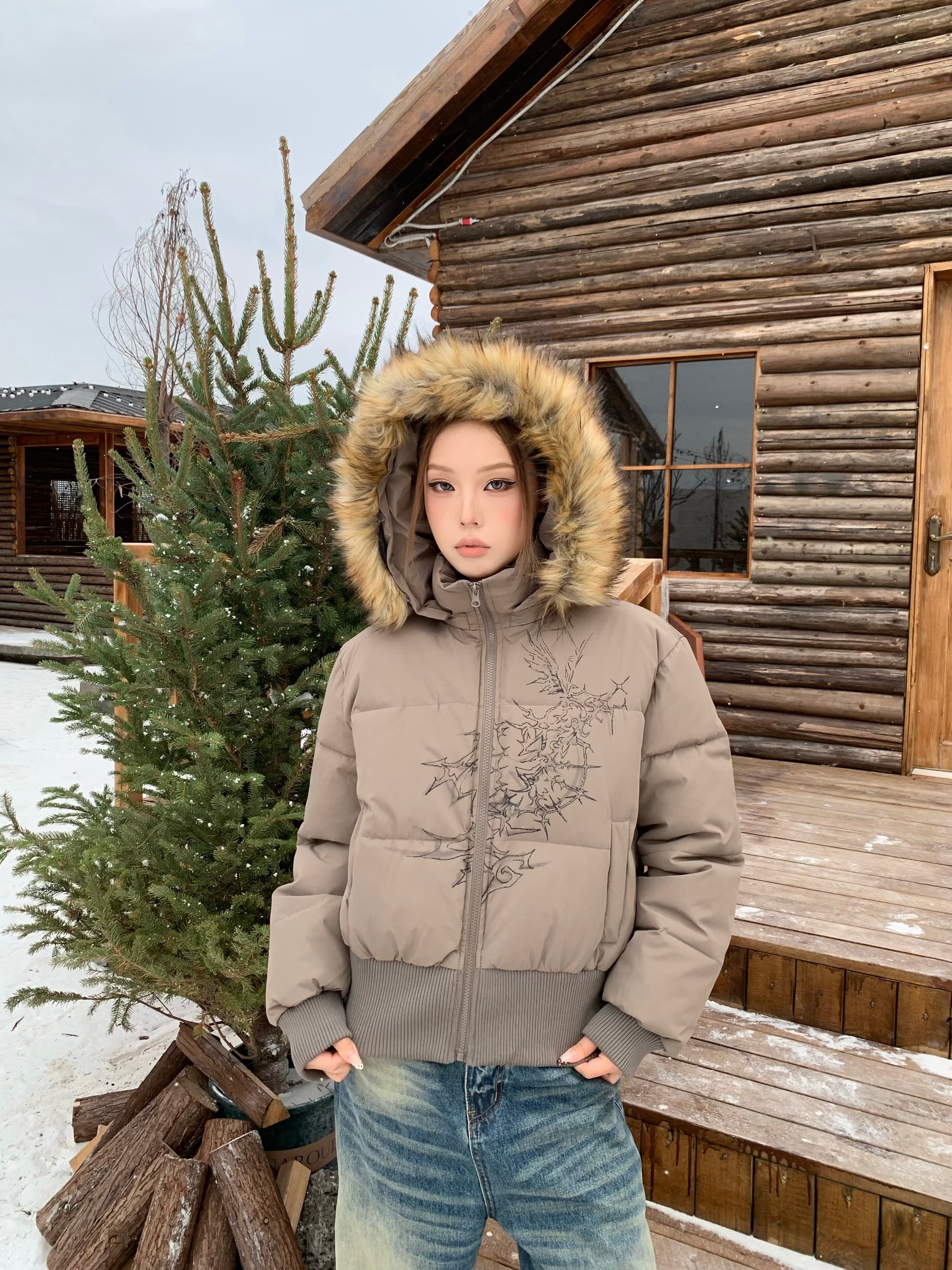 BANGU Hooded Short Fur Collar Cotton Jacket