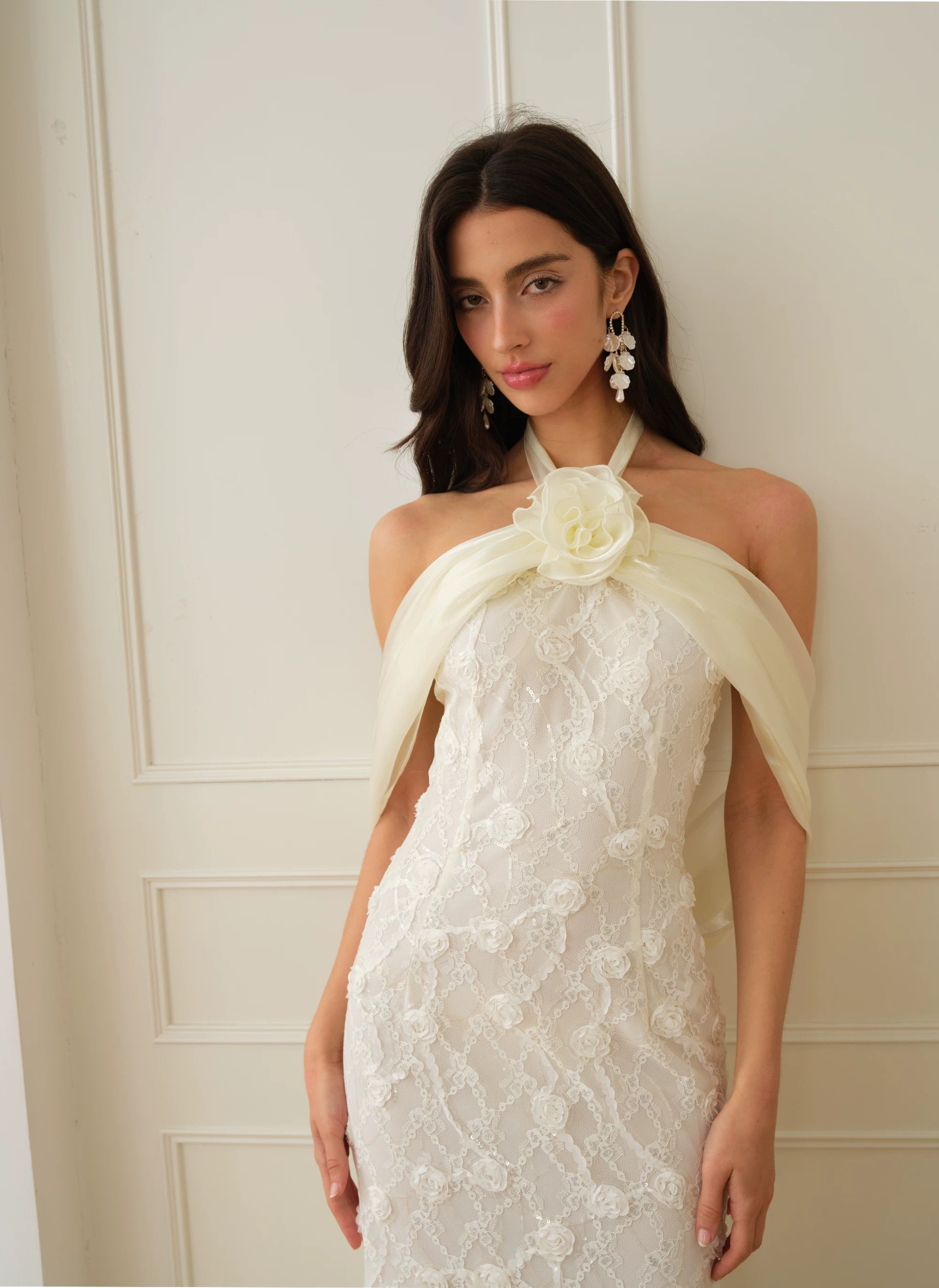 J TheChosen Lace Sequin Streamer Neck Dress