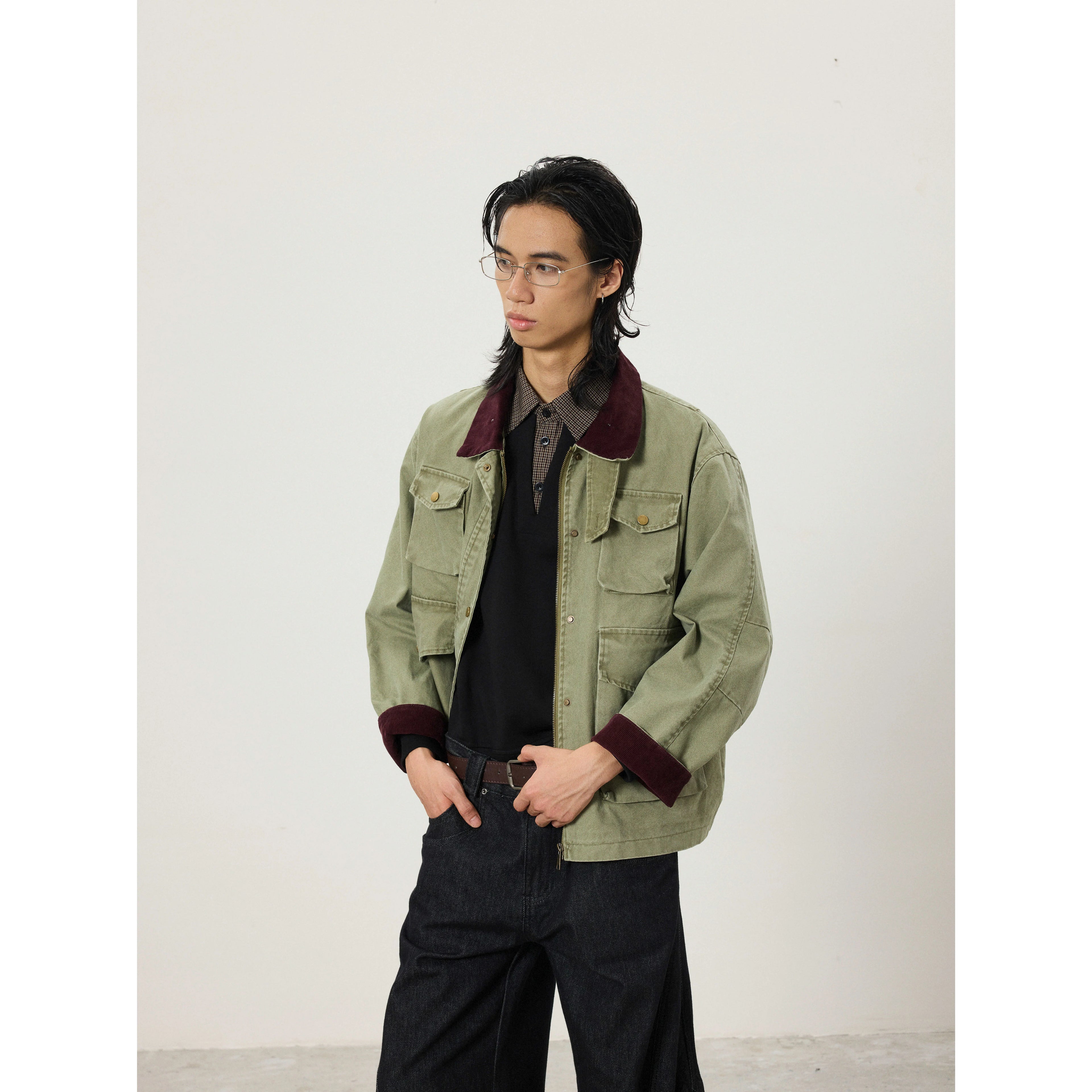 BTSG Vintage Contrasting Stitched Corduroy Collar Tooling Jacket