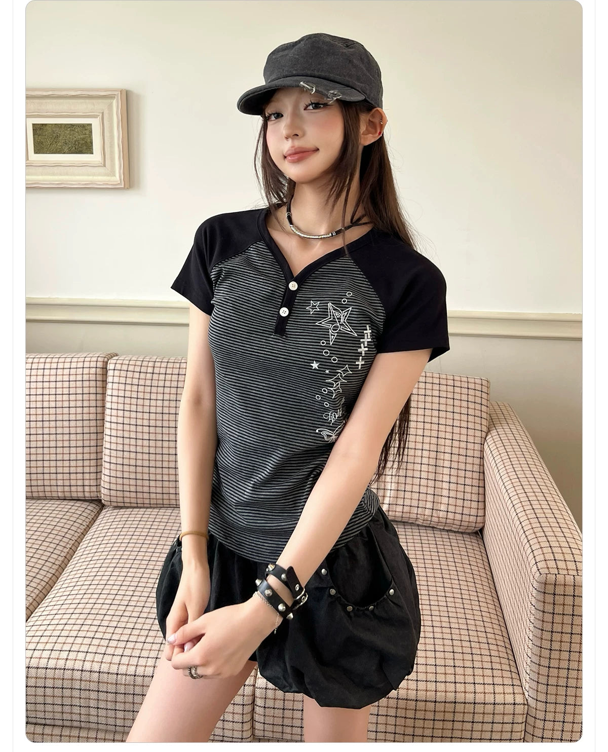404MOB Henry Collar Color Matching Striped Tee