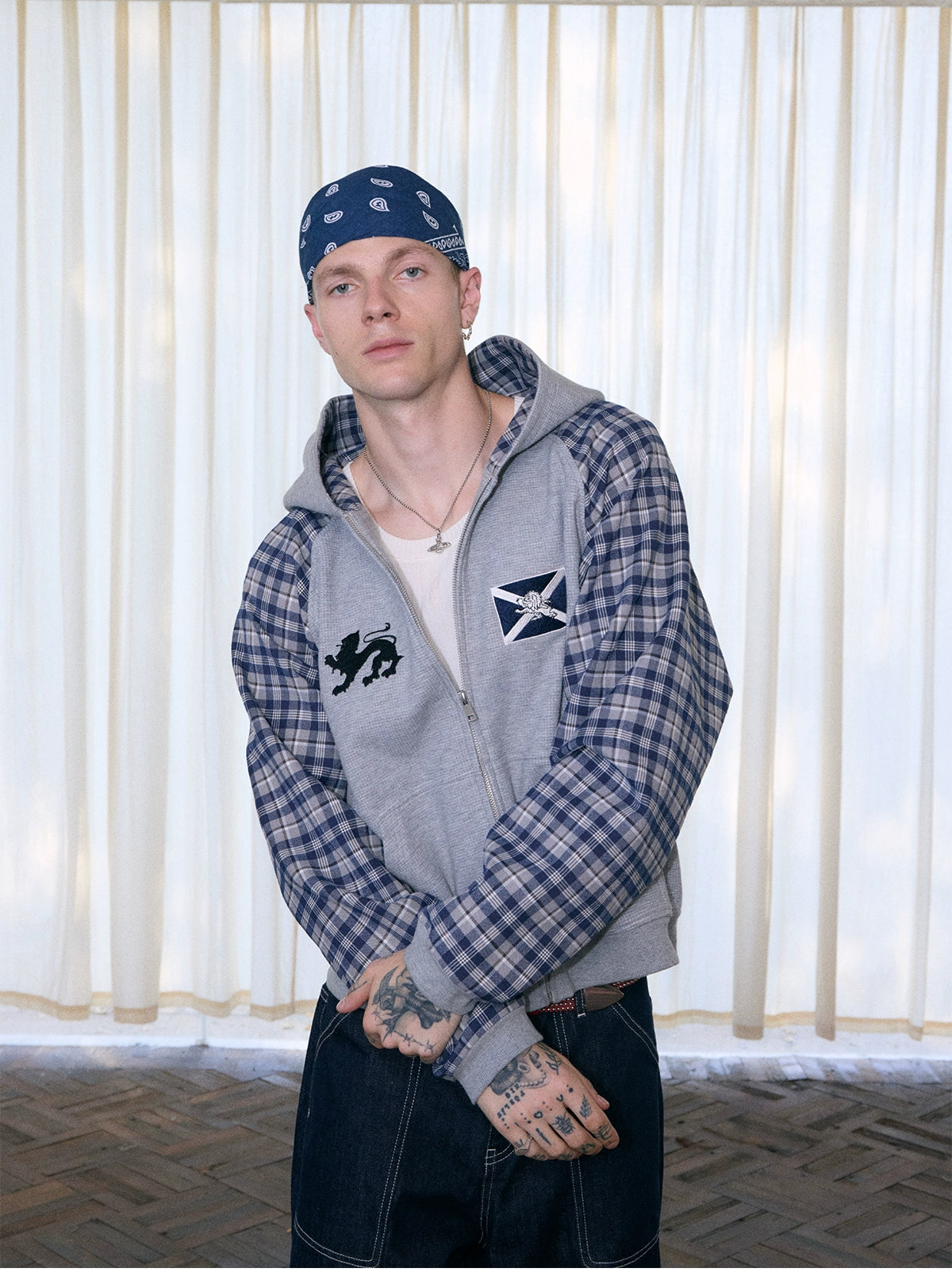 InsGale Contrast Checked Waffle Embroidered Hooded Cardigan Jacket