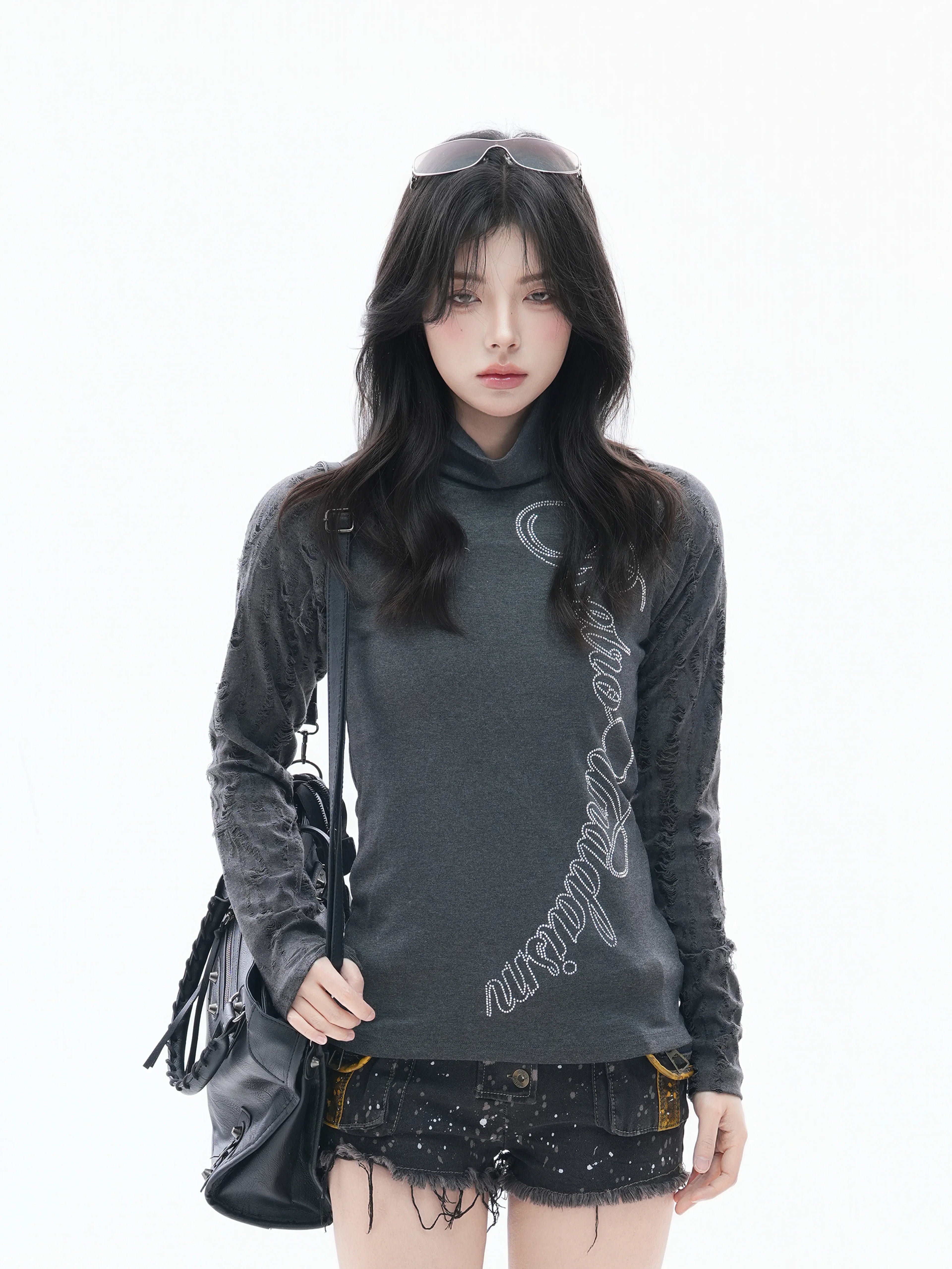 Zuocisankon High Neck Slim Fit Hot Diamond Long Sleeves