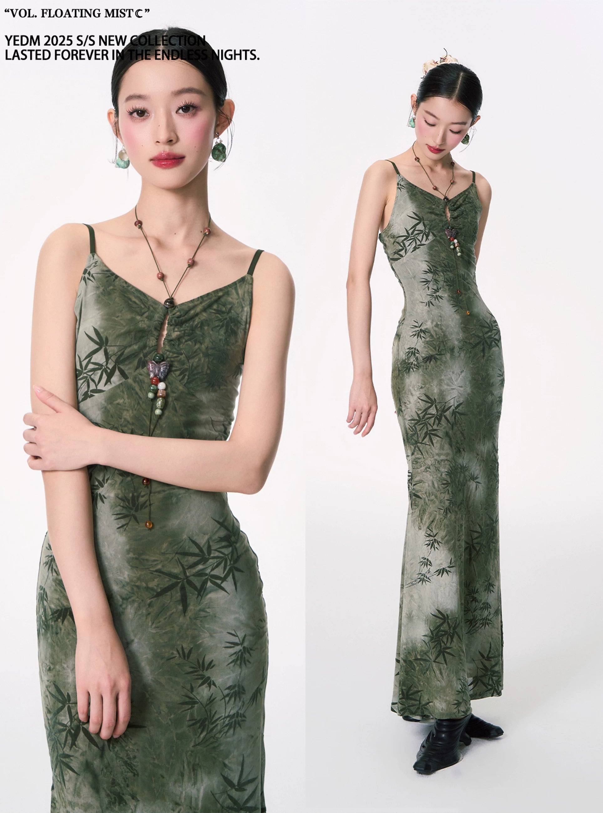 YEDM Bamboo Leaf Beaded Printed Tail Suspender Dress