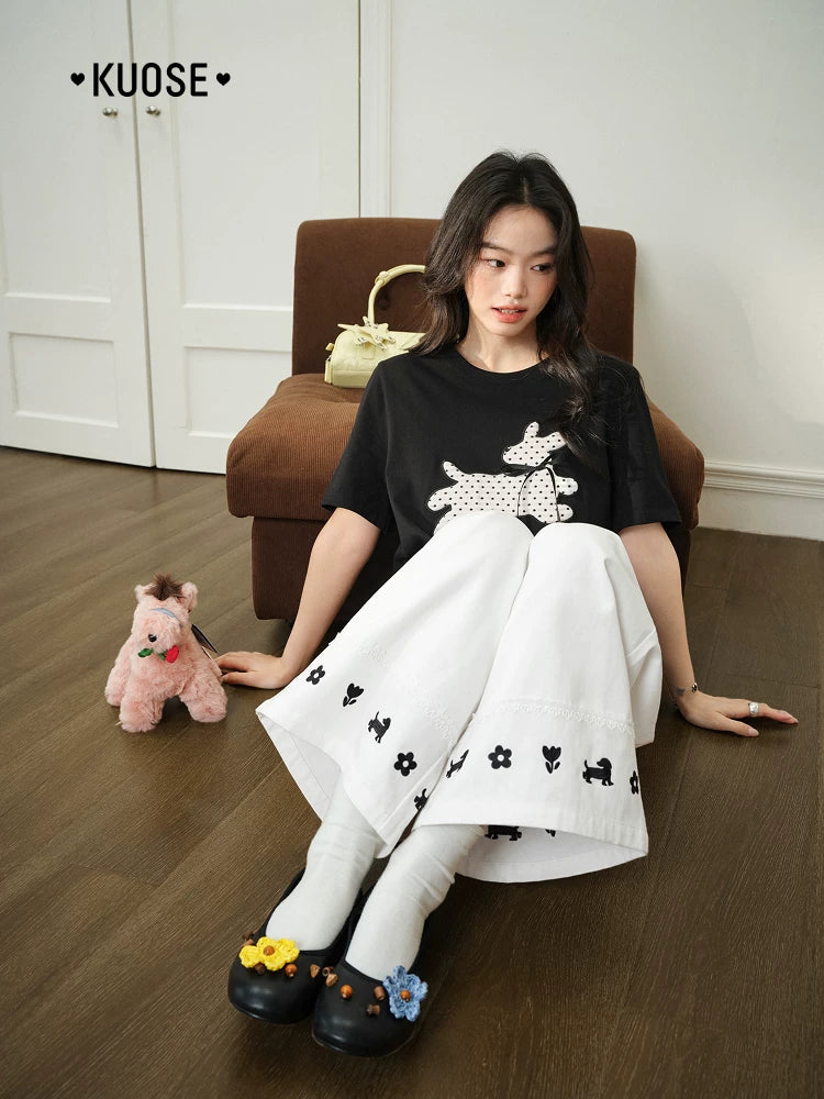 KUOSE Lace-embroidered Straight Wide-leg Pants