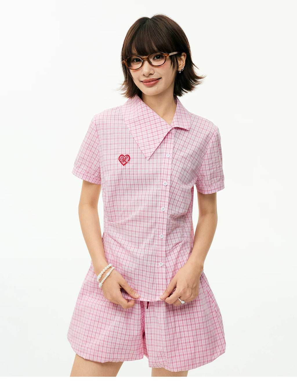 MEDM Plaid Diagonal Shirt with Waist and Thin Short Sleeves