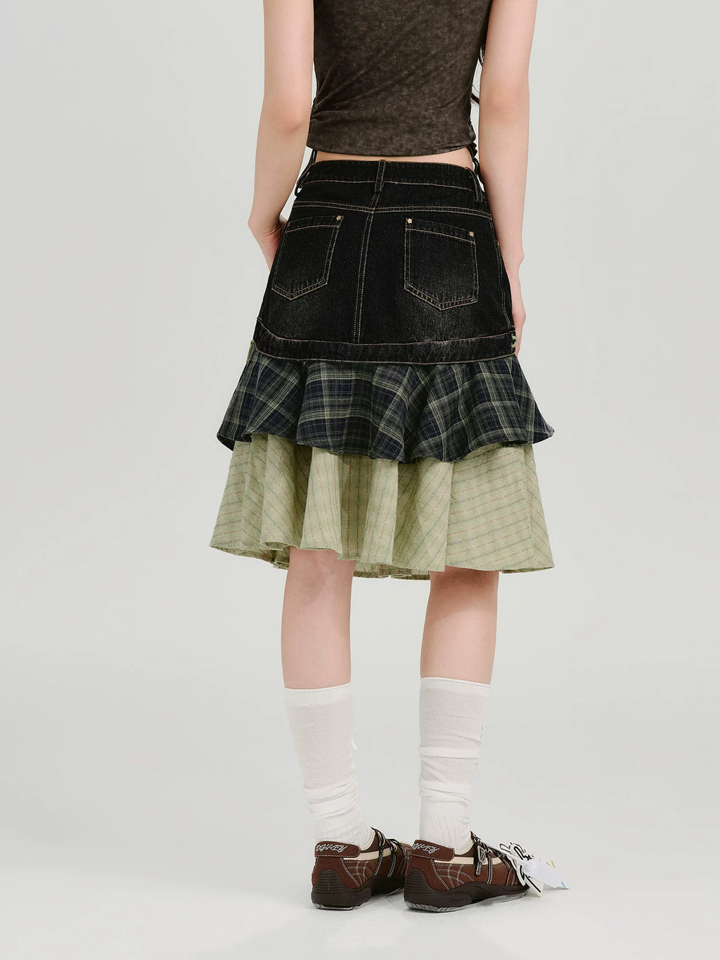 Girlyhalo Vintage Multi-layer Patchwork Denim Skirt