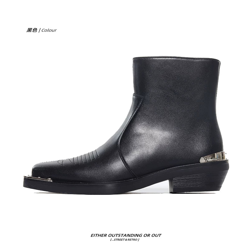 SHENLV STUDIO Square Head High-heeled Embroidered High-top Leather Shoes