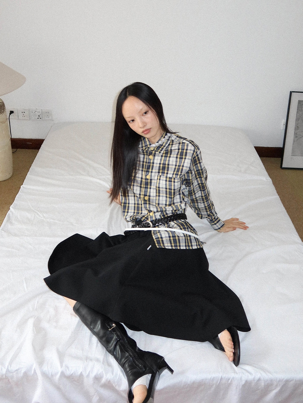 FUNKYFUN Contrasting Checked Loose Long-sleeved Shirt