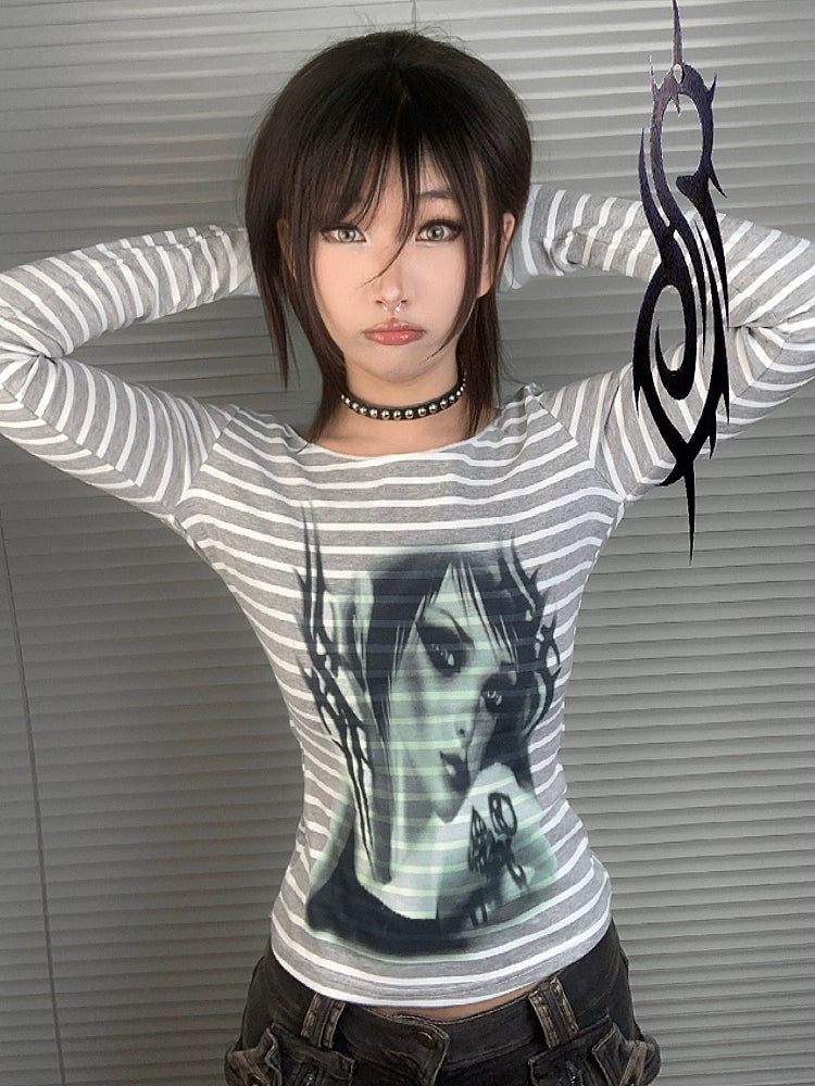 WEBBAR, Black and White Striped Slim Tee