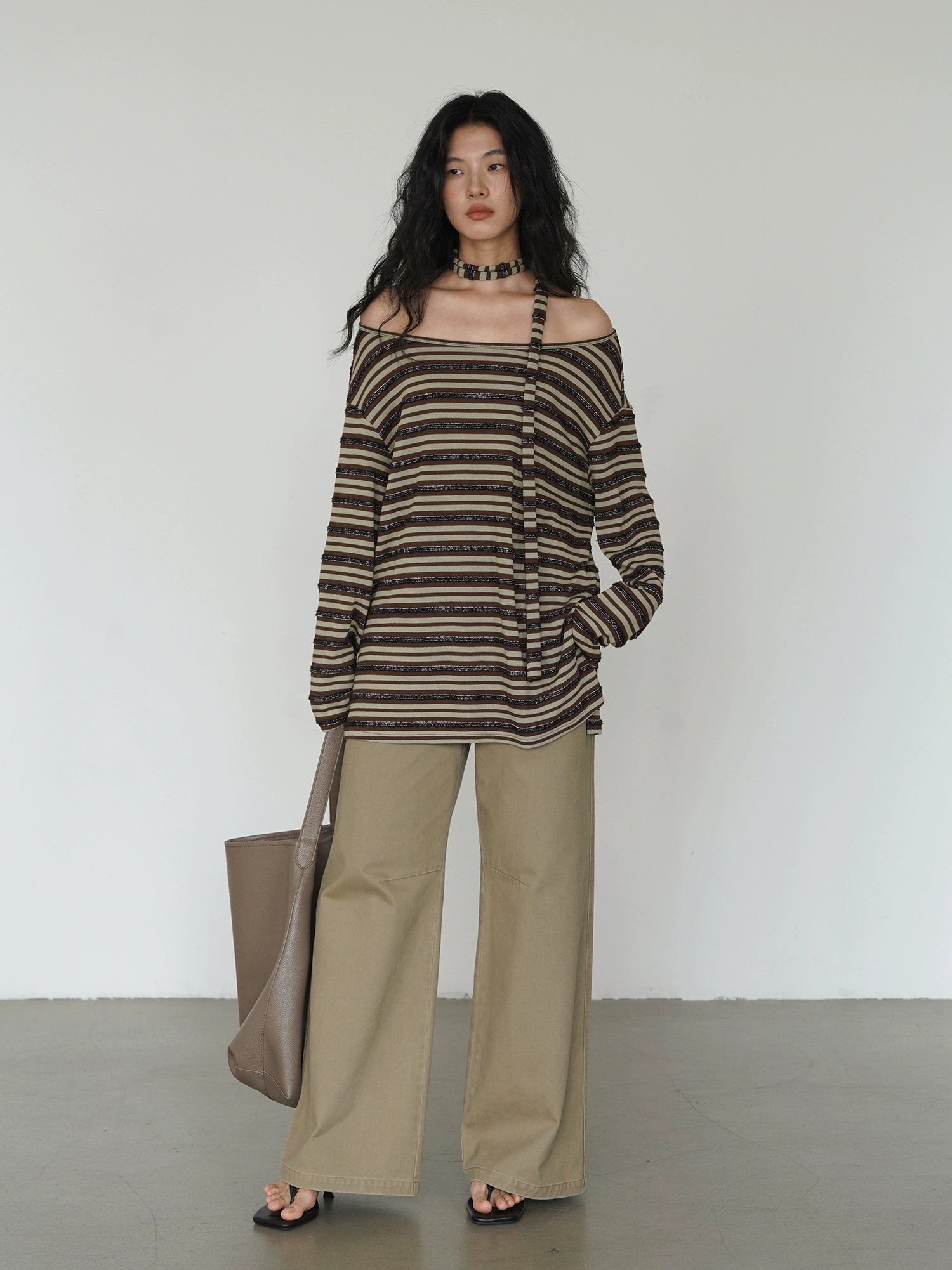 EIGHTHMONTH Striped Off-the-shoulder Streamer Casual Long Sleeve