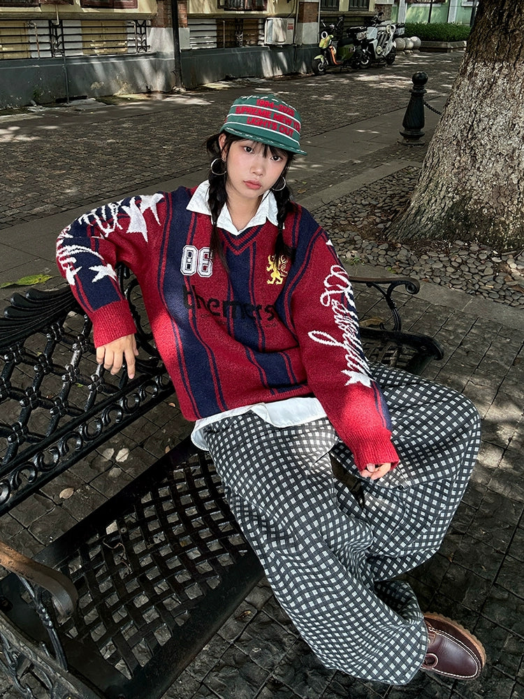 Mershier Striped Color Matching Digital Embroidered Knitted Sweater