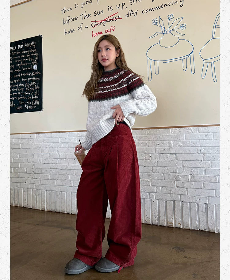 CCYE Corduroy Adjustable Waist Wide Leg Pinch-pleated Casual Pants