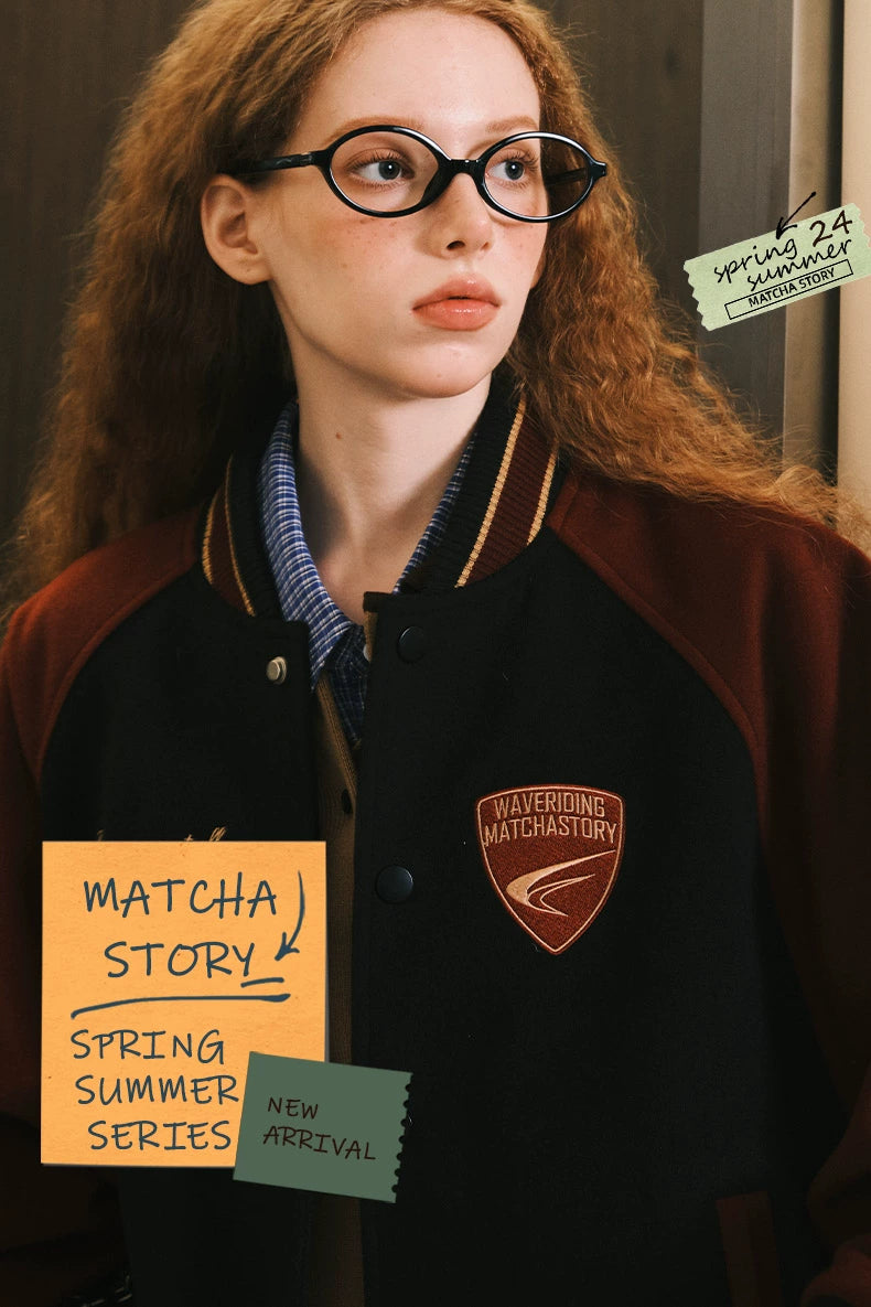 MATCHA STORY Embroidered Premium Baseball Jacket