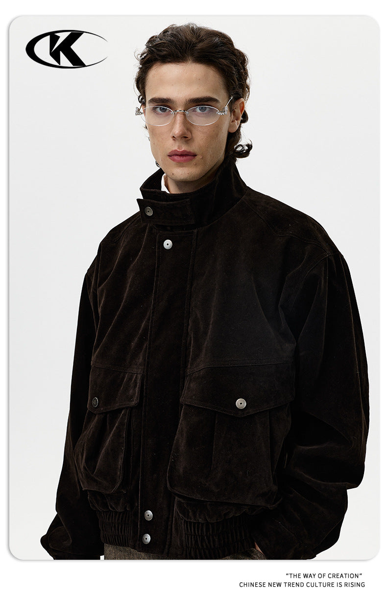 11KN Retro Plush Casual Loose Stand-up Collar Versatile Jacket