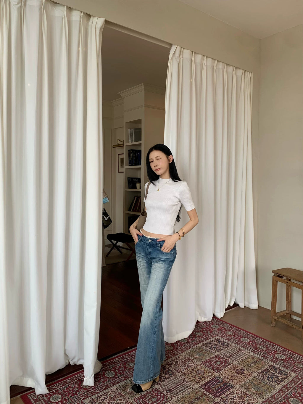 YOUNG KYLIN Lace-edged Slim Jeans