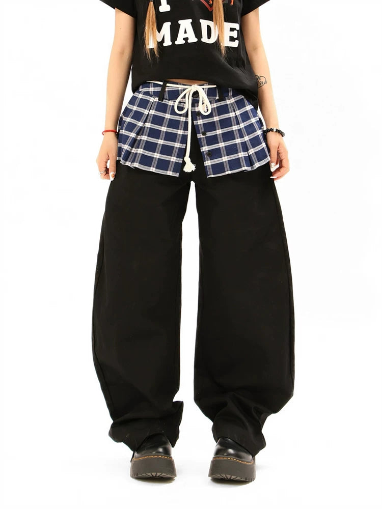 Kenvibe Vintage Checkered Fake Two-Piece Casual Pants