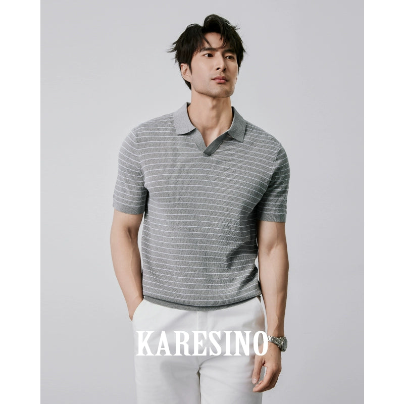 KARESINO Ice Silk Casual Striped Knitted Polo Shirt