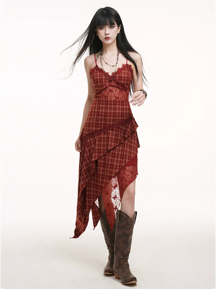 LADYGHOST Irregular Plaid Suspender Dress