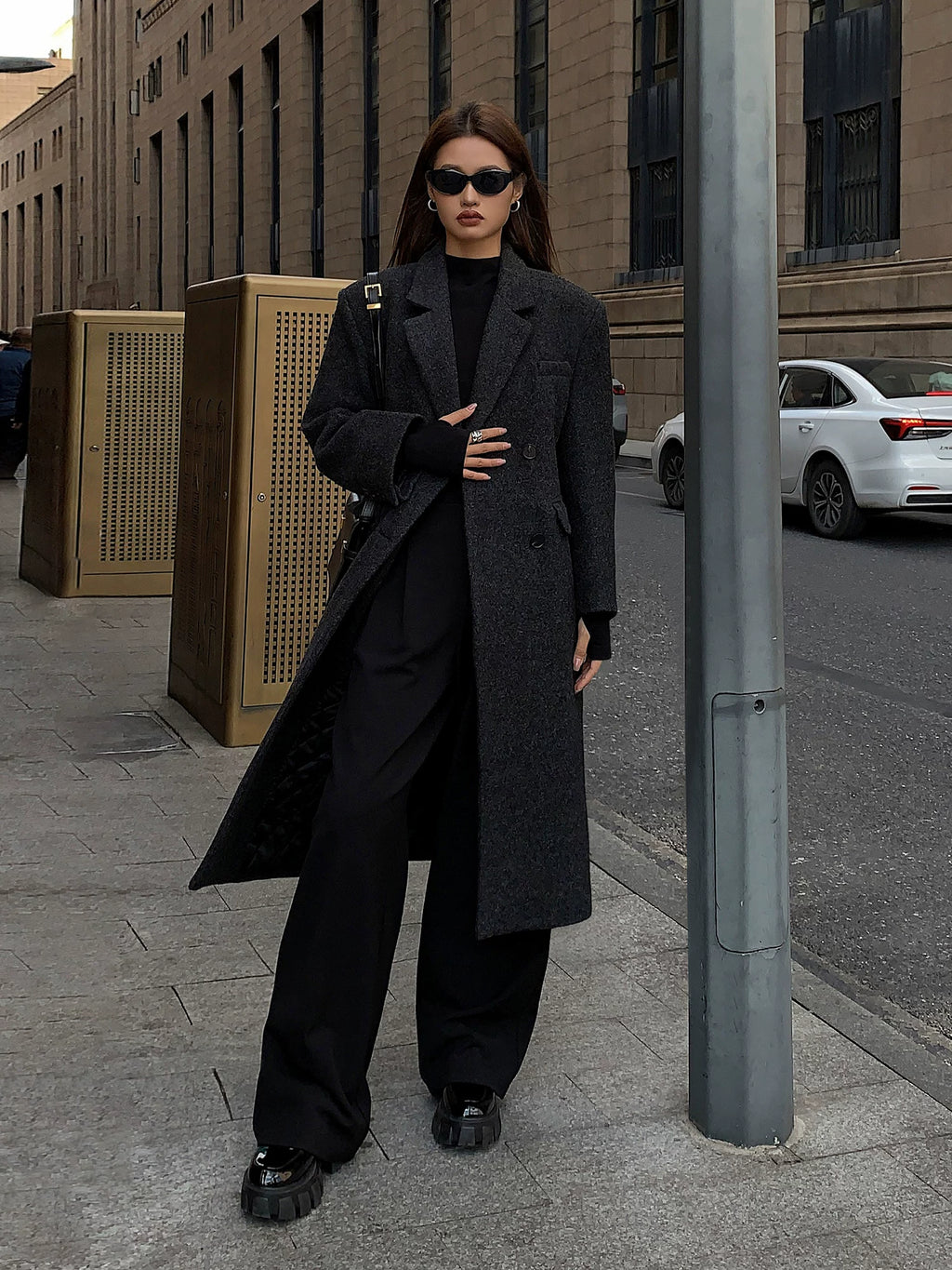 OUSPH Double-breasted Wool Woolen Coat