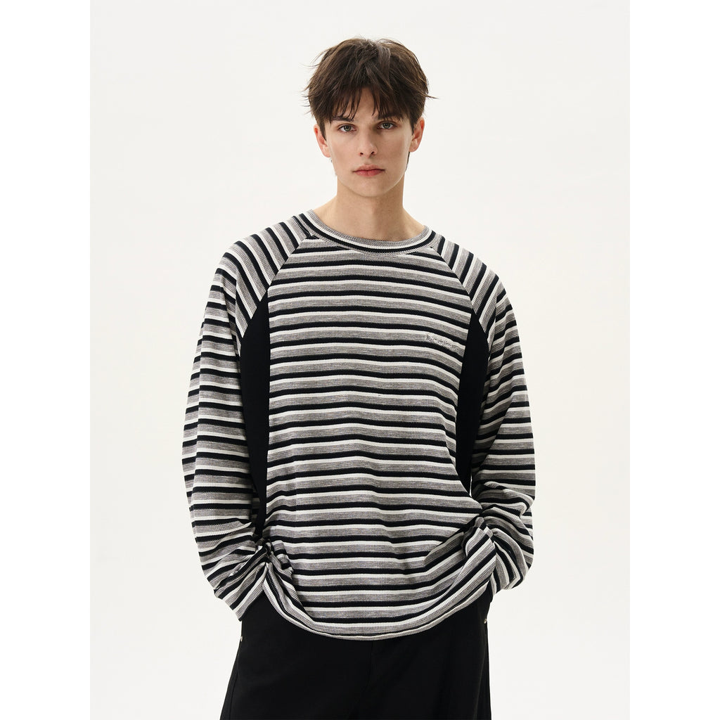 BTSG splicing striped texture waffle crew neck long-sleeved Tee