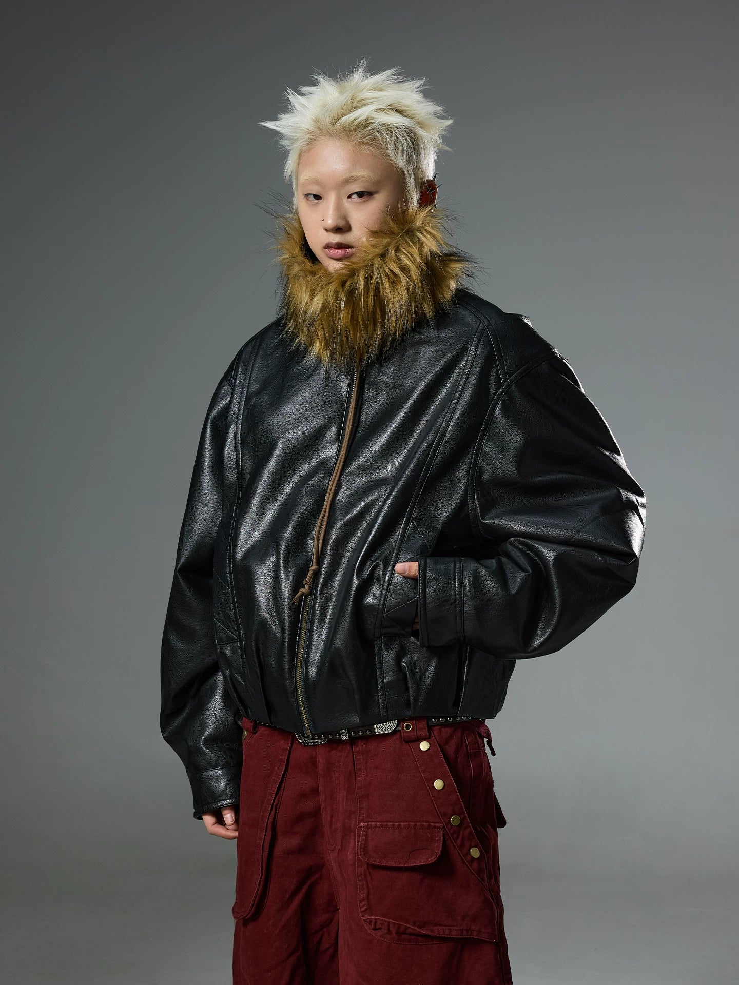 BTSG retro double-sided wear fur collar leather jacket
