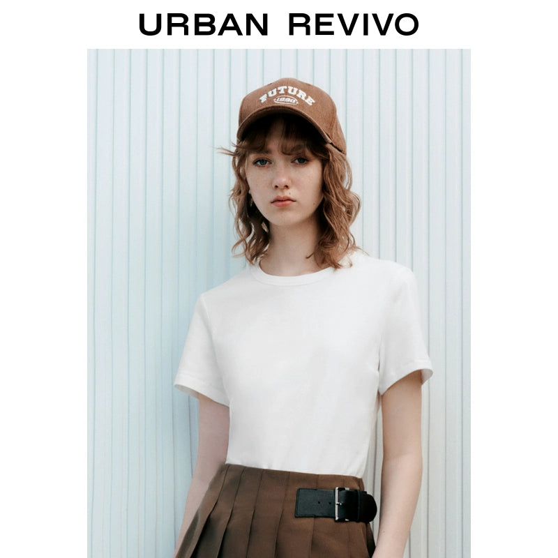 URBAN REVIVO Simple Basic Solid Color Cotton Round Neck Tee