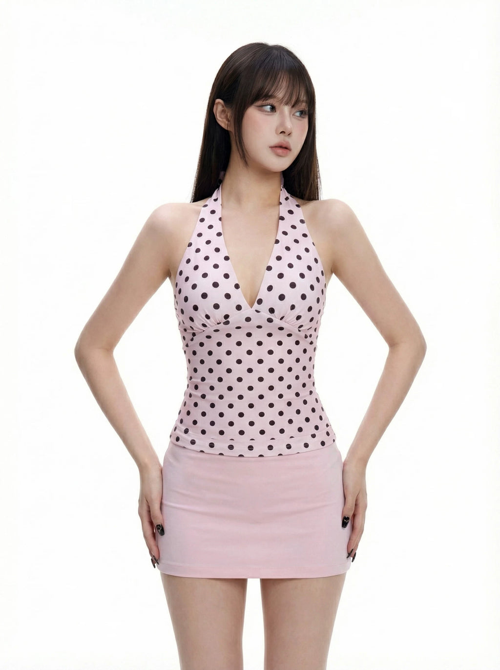 WITHMIN Polka Dot Sling Vest Low Waist Skirt Set