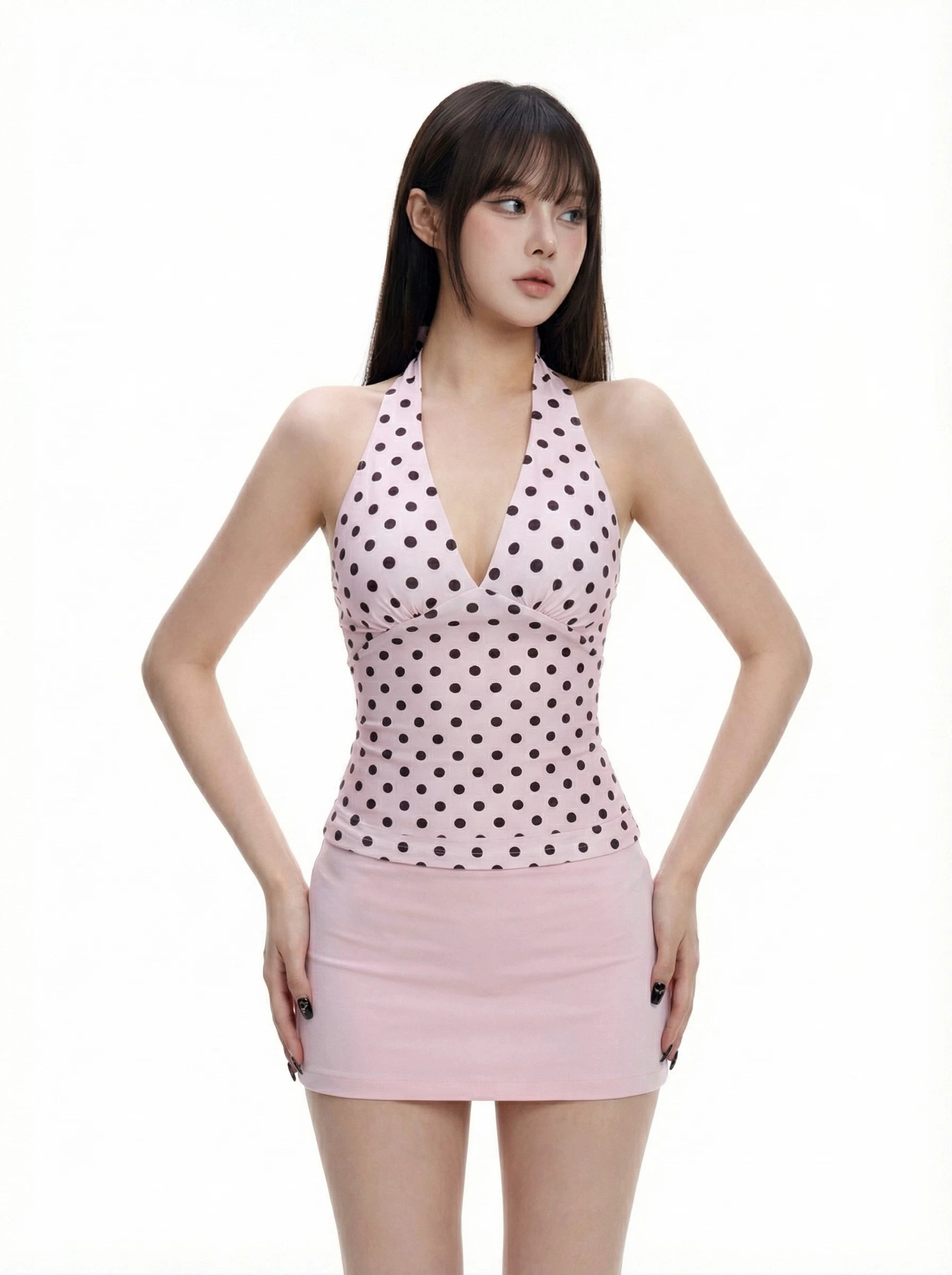 WITHMIN Polka Dot Sling Vest Low Waist Skirt Set