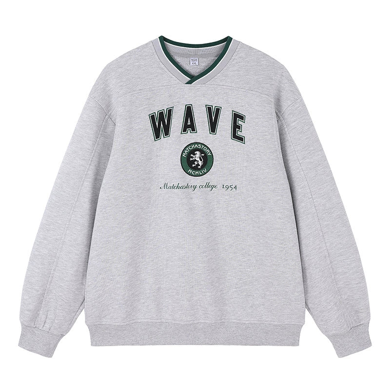 MATCHA STORYV Neck Print Loose-fitting Sport Sweater