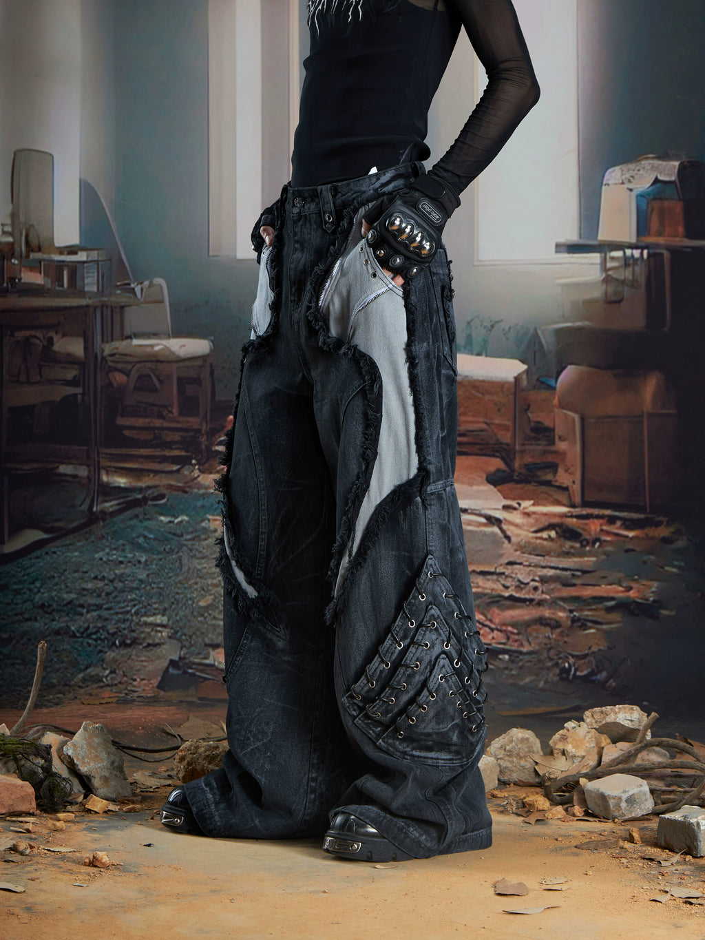 NOMANIAI Stitched Rough-rimmed Fringed Baggy Jeans