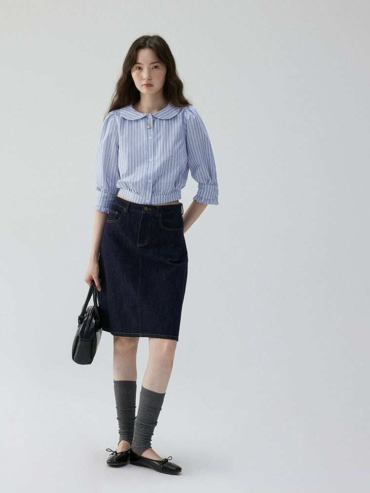 VOOE Short Doll Collar Striped Seven-quarter Sleeve Shirt