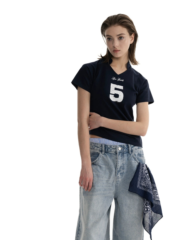 Loopsoon Retro Jersey Printed Simple Letter Tee